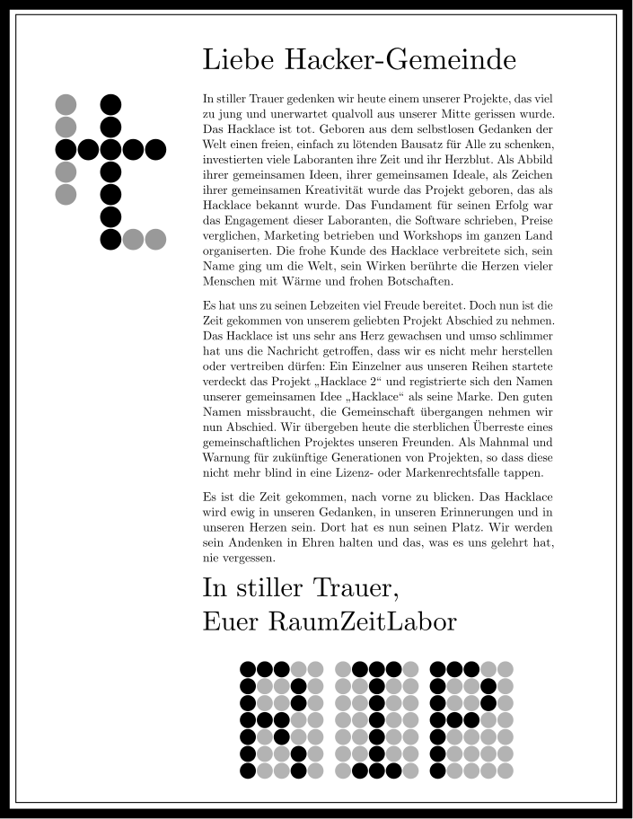 Das RaumZeitLabor trauert.